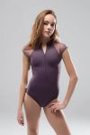 Балетно трико Intermezzo BODYMERZIP с висока поло яка, преден цип и прозрачни къси ръкави в цвят теменужено лилаво