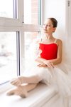 Zidans Strap Leotard Scarlet 2Beige – Front View