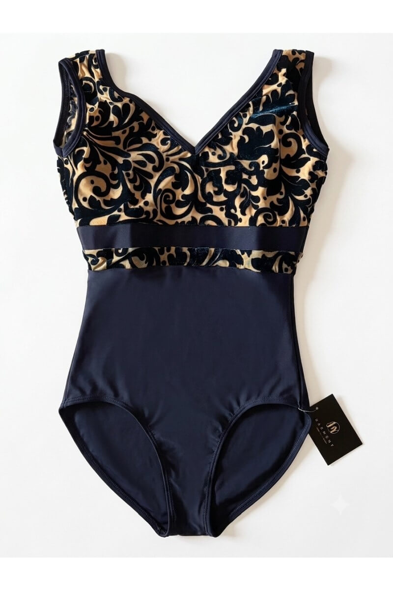 Harmony Dark Blue Ballet Leotard Baroque Velvet - Front Flat Lay. ъмносиньо балетно трико без ръкав Harmony с V-образно деколте и златна мрежа с релефни барокови орнаменти от кадифе.