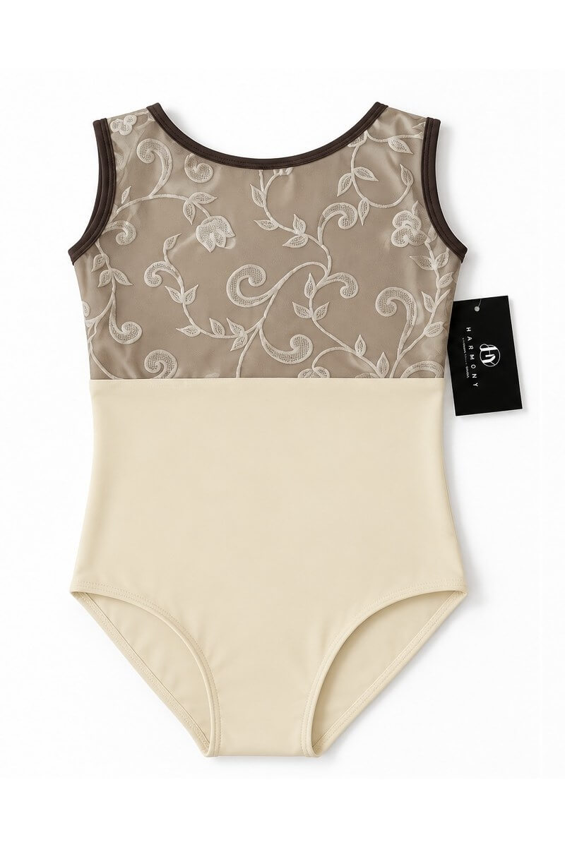 Harmony Girls Ivory Ballet Leotard Front View Предна част на детско балетно трико Harmony в цвят слонова кост с бродирана флорална мрежа на гърдите и кафяв кант.