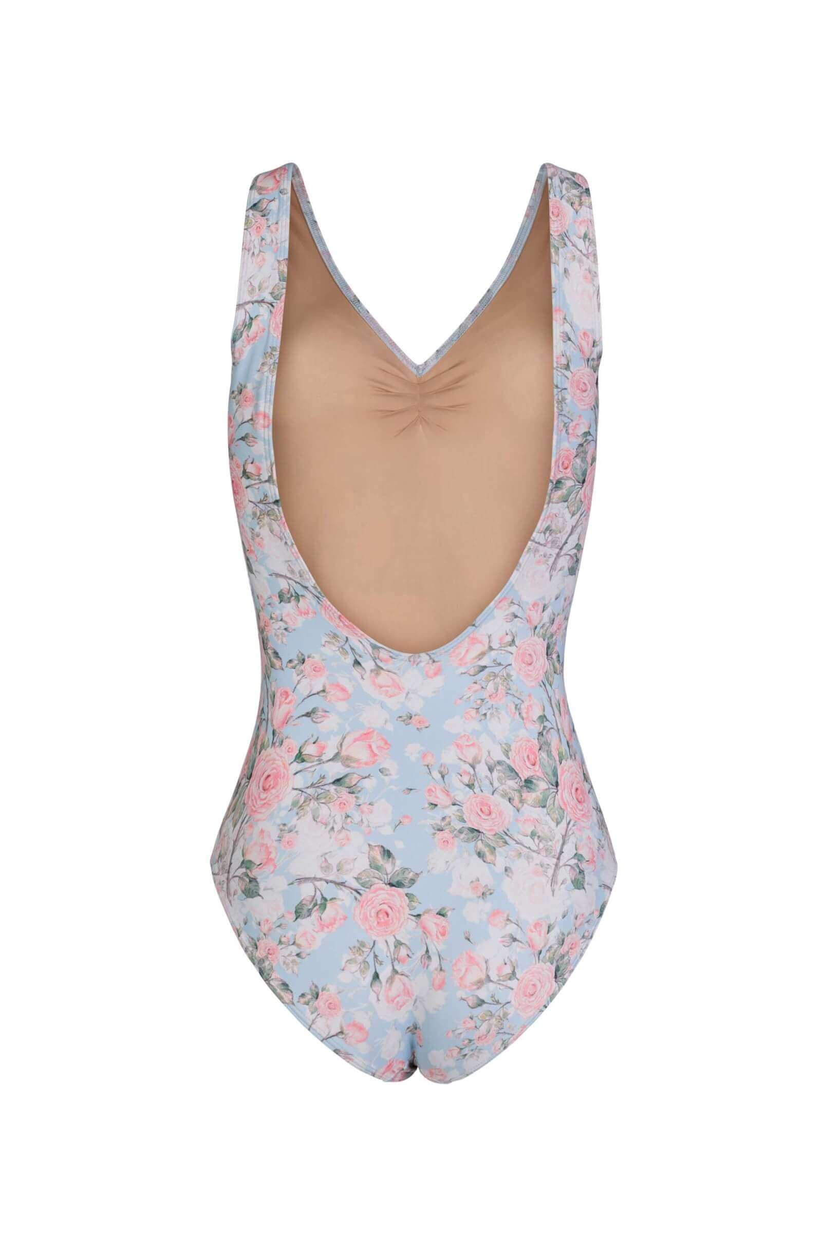 Mara Dancewear Diana Peony Ballet Leotard Open Back View Задна част на балетното трико на цветя Mara Dancewear Diana Peony, показваща ниско изрязания отворен гръб.