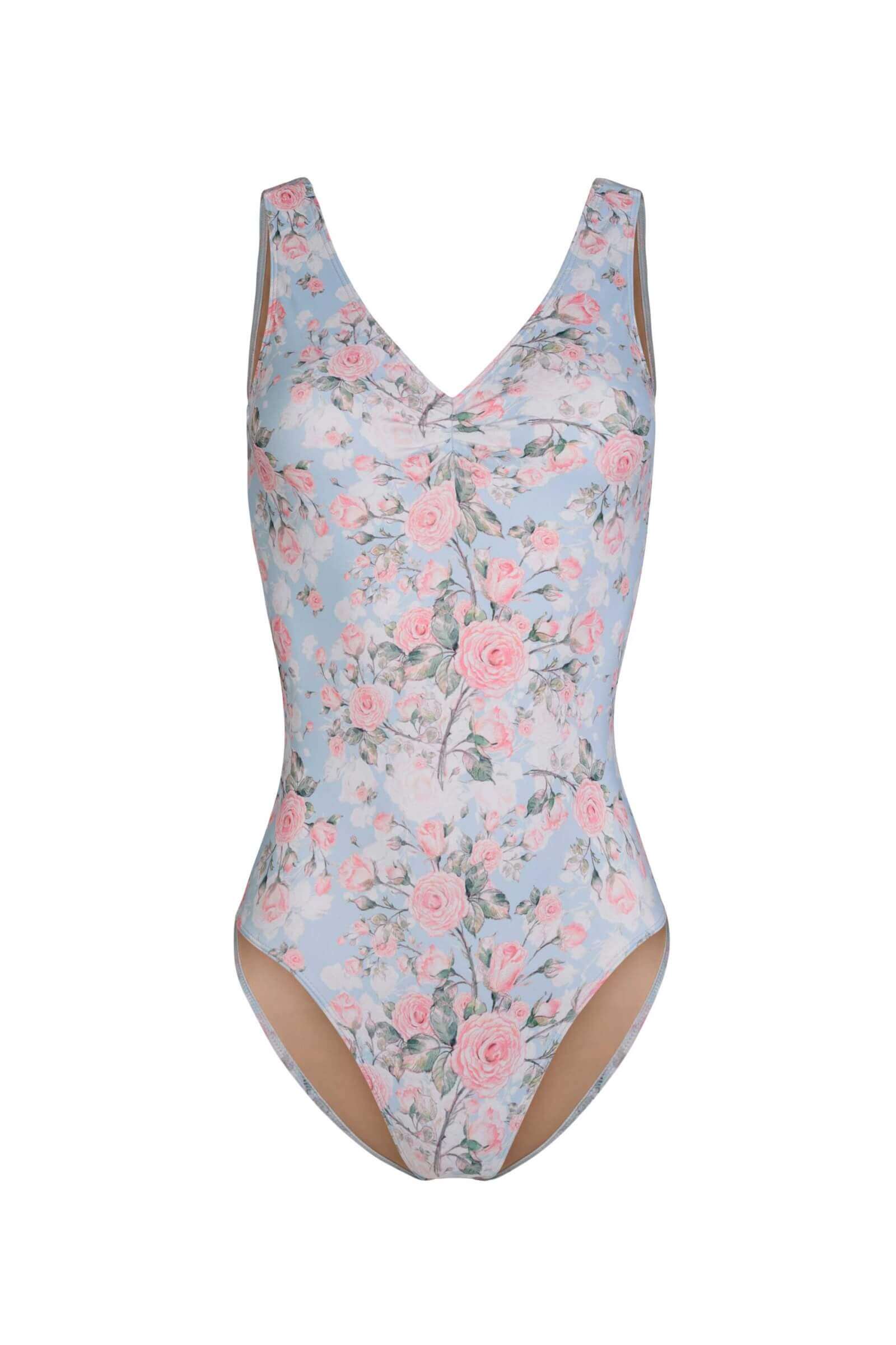 Mara Dancewear Diana Peony Floral Ballet Leotard Front View Балетно трико с широки презрамки и флорален принт на божури Mara Dancewear Diana Peony, изглед отпред на чист фон.