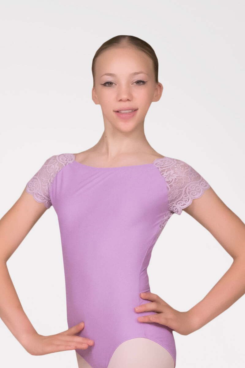 Short Sleeve Ballet Uniform Leotard - Front View. Класическо балетно трико за униформа с къс ръкав от стегната лилава ликра.