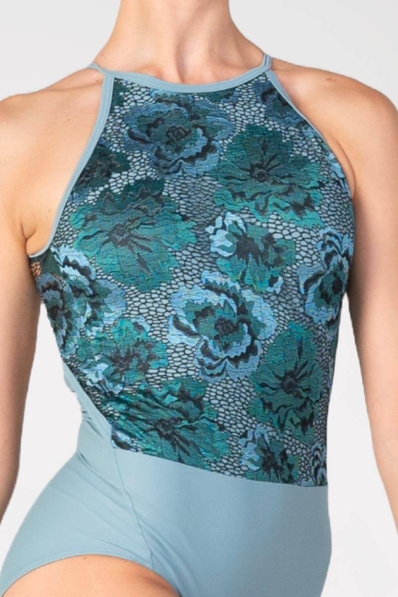 Ballet Leotard American Neckline Macrame Lace - Front View синьо балетно трико от ликра с американско деколте и детайл от флорална макраме дантела