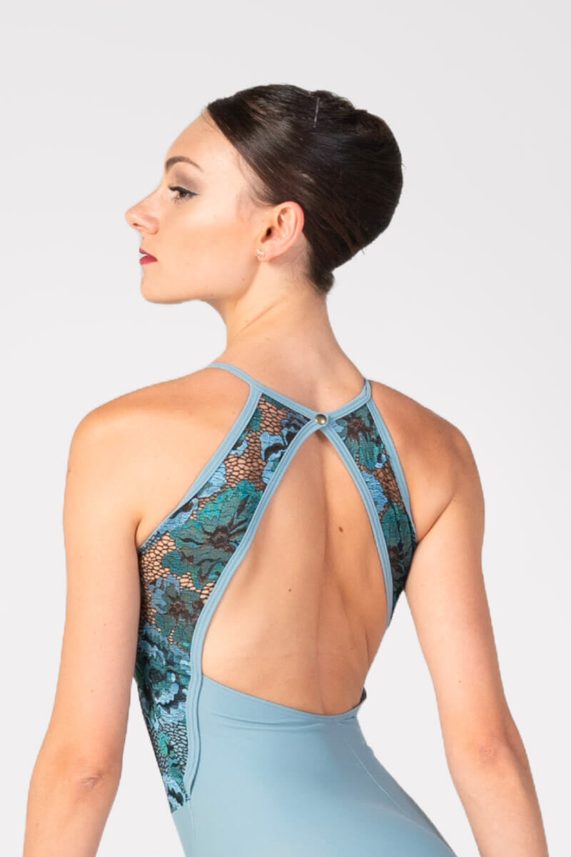Lace Ballet Leotard - Elegant Back Design синьо балетно трико от ликра с американско деколте и детайл от флорална макраме дантела