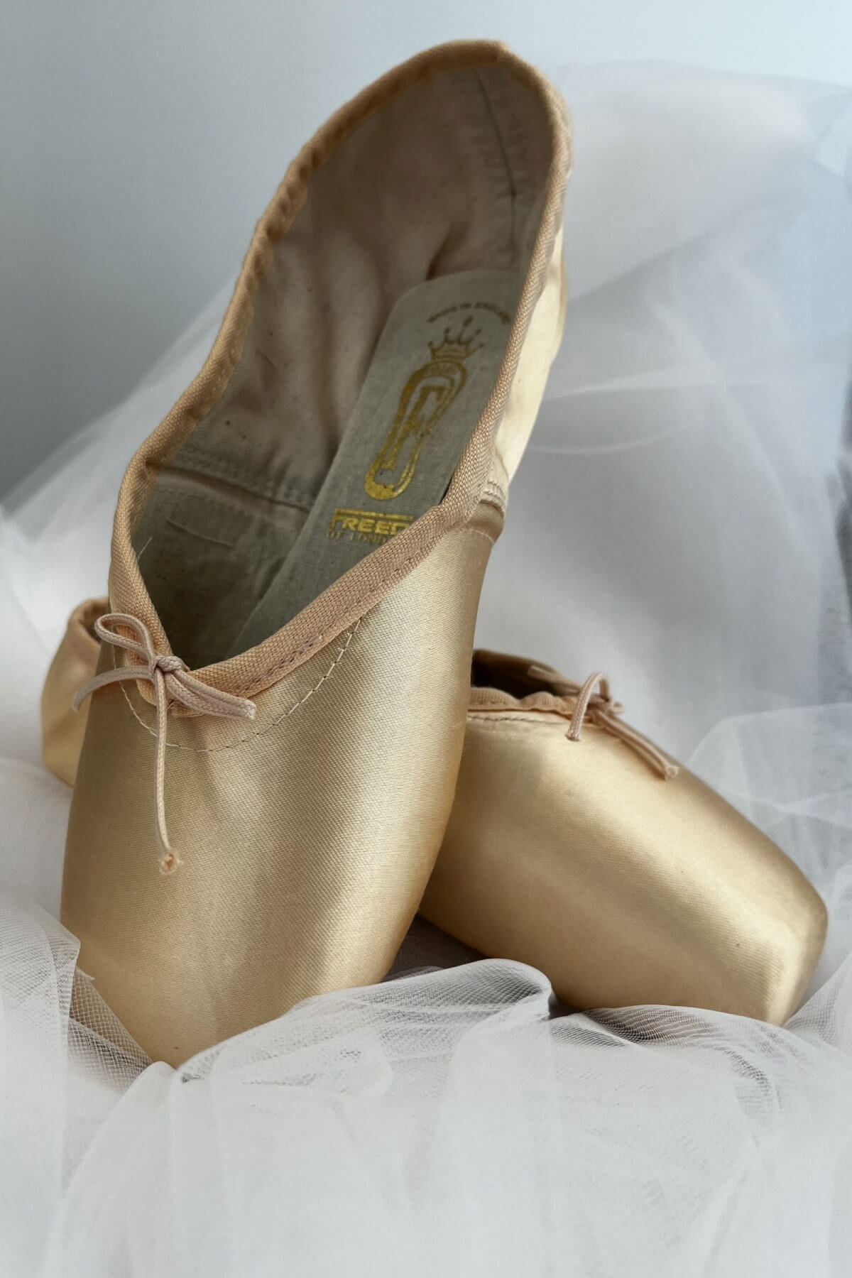 Freed of London Classic Plus Adult Pointe Shoes Front View Чифт балетни палци Freed of London Classic Plus в розов сатен, изгледани отпред върху чист светъл фон.