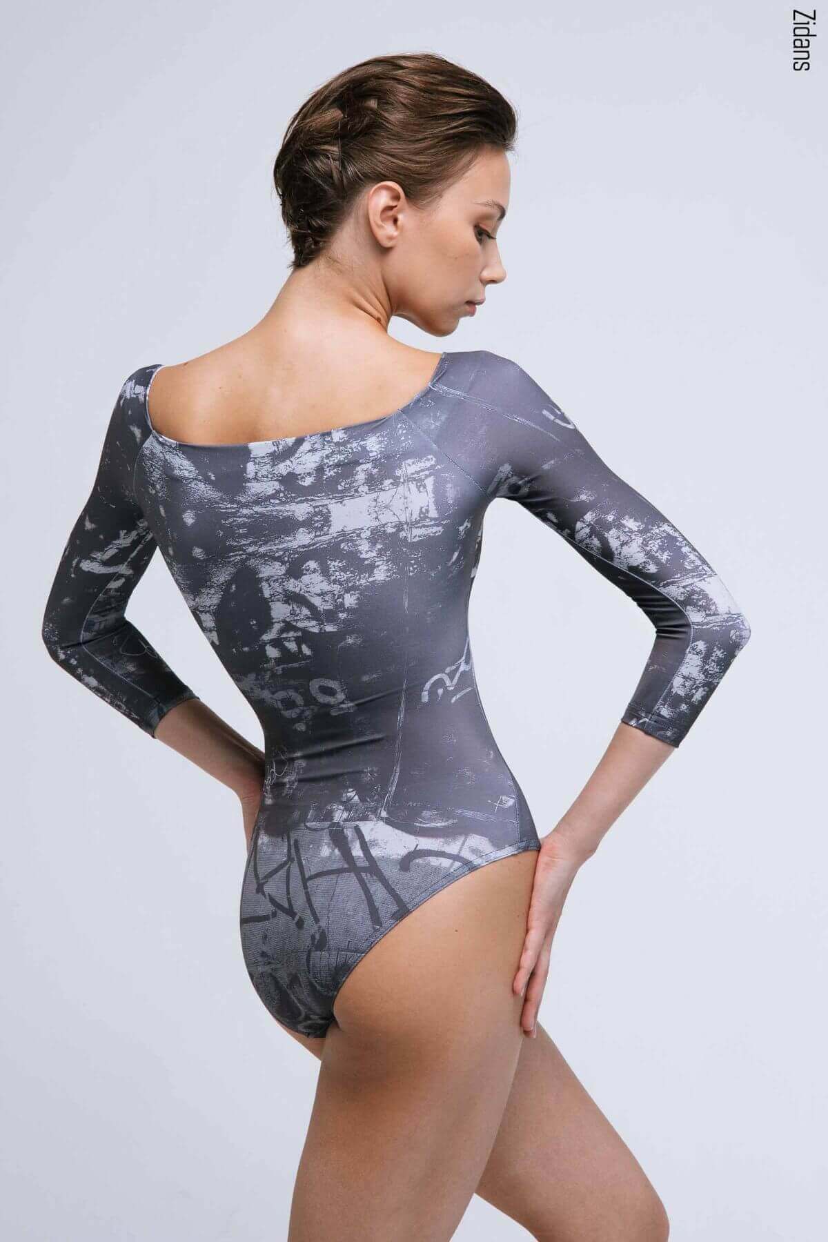 Zidans 2 Sleeves Leotard Steel Spray - Unique Print Back View Гръб на трико Zidans 2 Sleeves Leotard Steel Spray с абстрактен принт и минимални шевове.