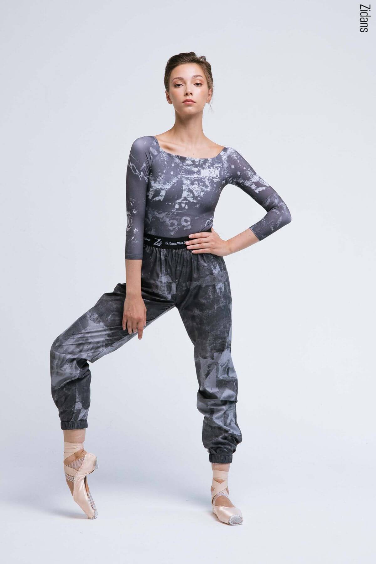 Zidans 2 Sleeves Leotard Steel Spray - Front View Балетно трико Zidans 2 Sleeves Leotard Steel Spray с авторски принт, 3/4 ръкав и изглед отпред.