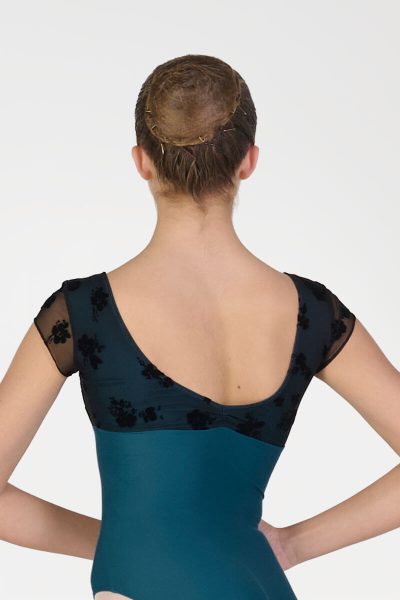 Заден изглед на петроленозелено балетно трико Harmony 414 с черна мрежа на гърба